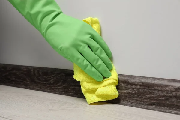 Woman Gloves Cleaning Plinth Cloth Indoors Closeup — Stock Photo, Image