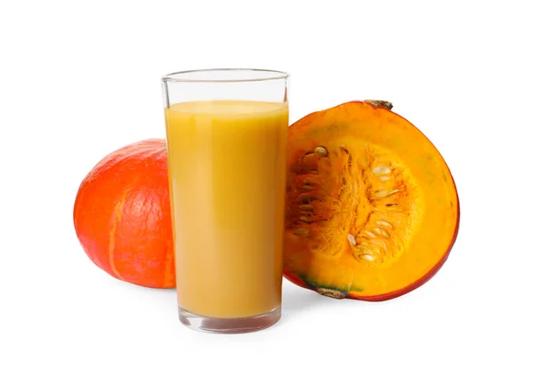 Glass Pumpkin Juice Fresh Vegetables White Background Stock Picture
