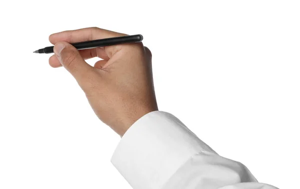 Man Holding Pen White Background Closeup Hand Stock Photo