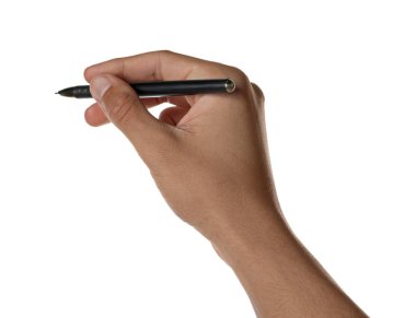 Man holding pen on white background, closeup of hand