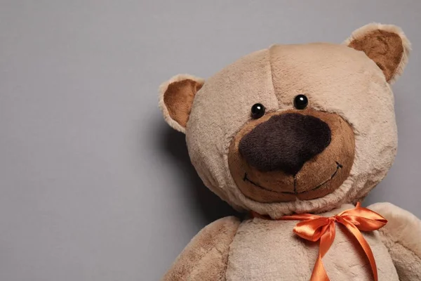 Cute Teddy Bear Gray Background Top View Space Text — Stock Photo, Image