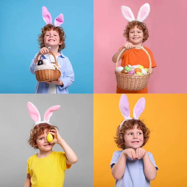 Osterfest Collage Mit Fotos Von Kleinen Jungen Mit Hasenohren Stirnbändern — Stockfoto