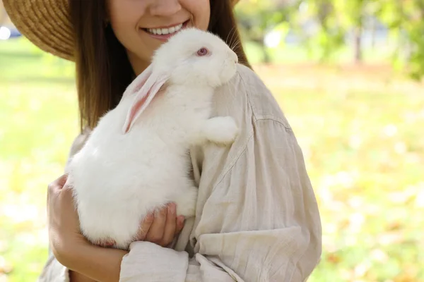 Happy Woman Holding Cute White Rabbit Park Closeup — Foto Stock