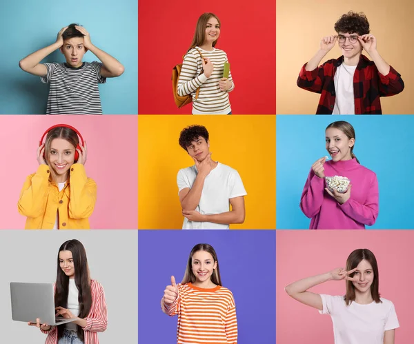 Fotos Adolescentes Diferentes Fondos Color Collage — Foto de Stock