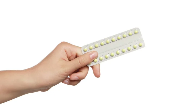 Tartó Buborékcsomagolás Orális Fogamzásgátló Tabletták Fehér Alapon Közelkép — Stock Fotó