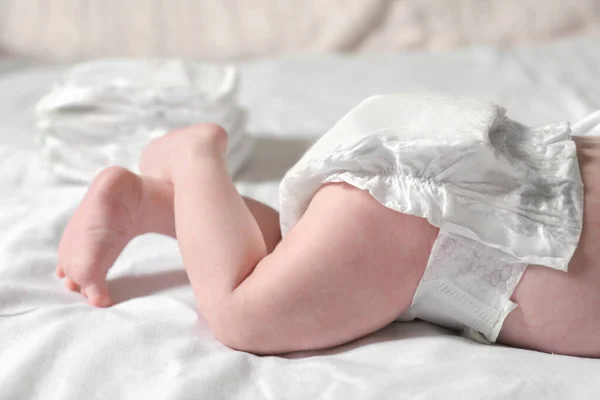 Little Baby Diaper Lying Bed Closeup — Stockfoto