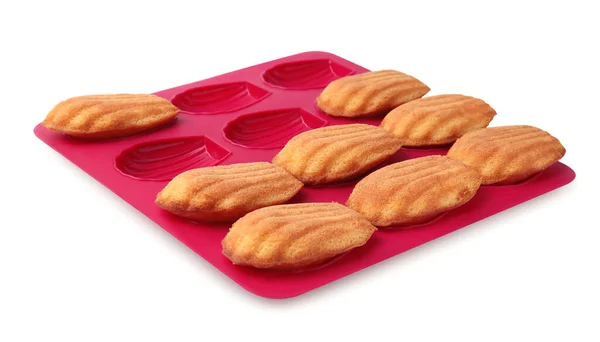 Many Tasty Madeleine Cookies Baking Mold Isolated White — Stock Photo, Image