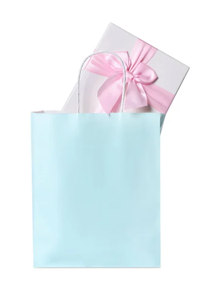 Light Blue Paper Shopping Bag Gift Box White Background — Stock Photo, Image