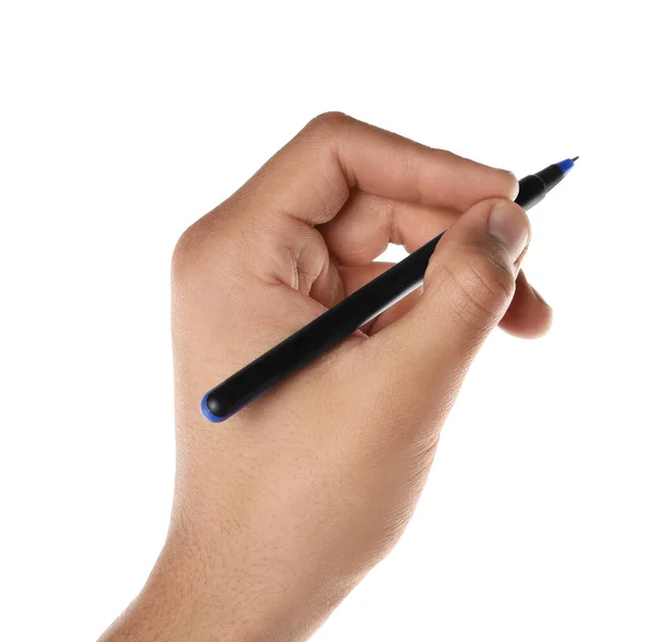 Man Holding Pen White Background Closeup Hand —  Fotos de Stock