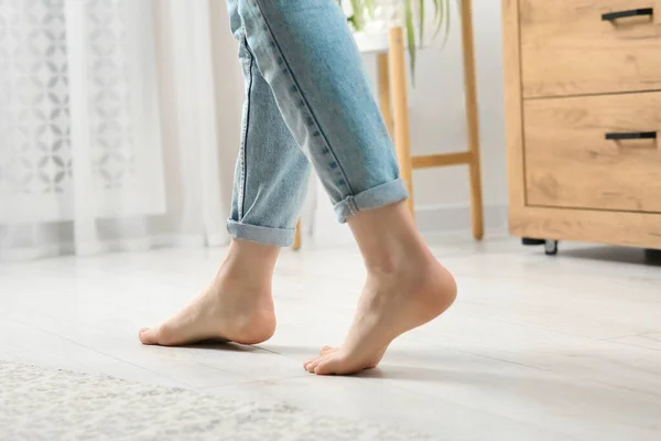 Woman Stepping Barefoot Room Home Closeup Floor Heating — Stock Photo, Image