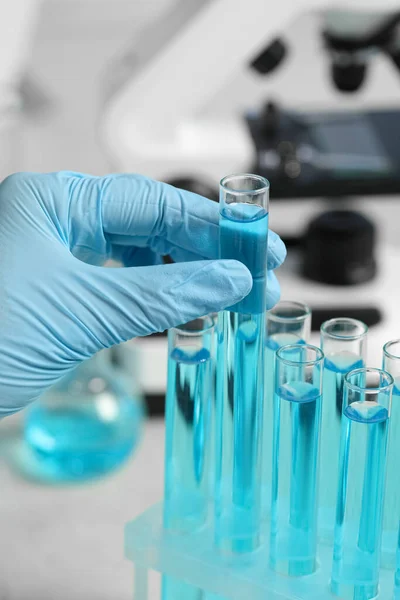 Scientist Taking Test Tube Light Blue Liquid Laboratory Closeup — Photo