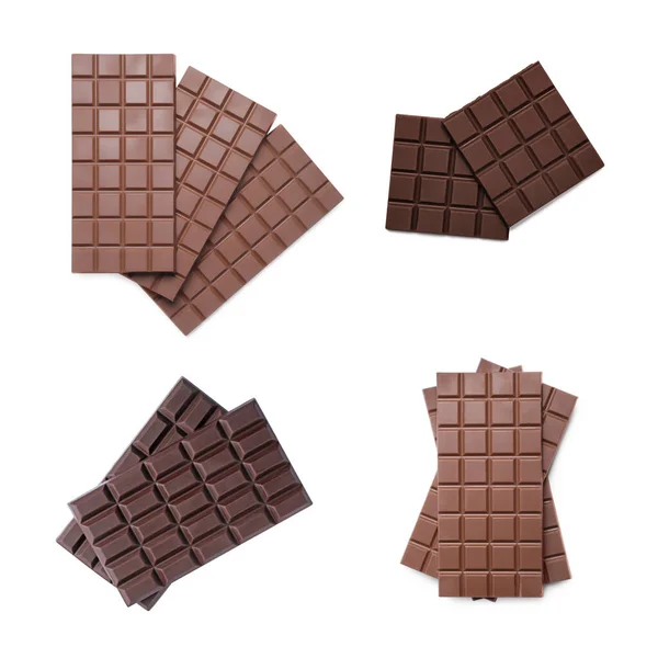 Collage Met Smakelijke Verschillende Chocoladerepen Witte Achtergrond Bovenaanzicht — Stockfoto