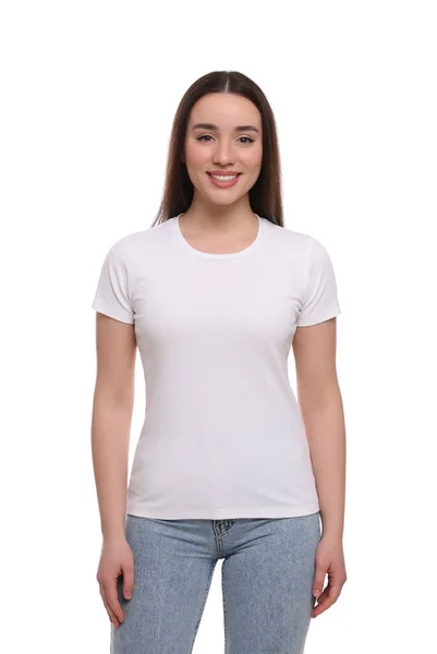 Mulher Vestindo Elegante Camiseta Fundo Branco — Fotografia de Stock
