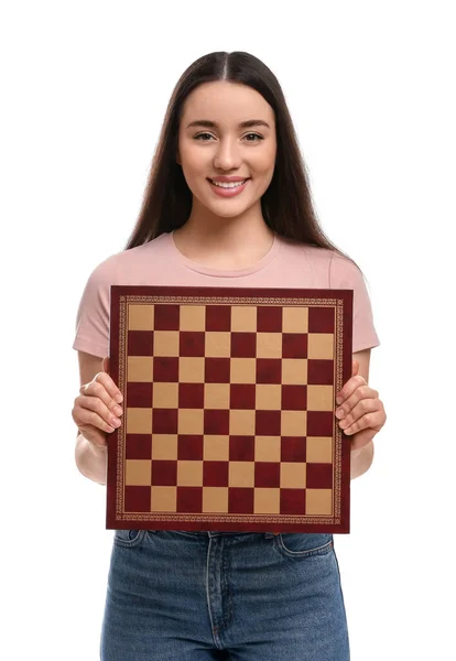 Gelukkig Vrouw Met Schaakbord Witte Achtergrond — Stockfoto
