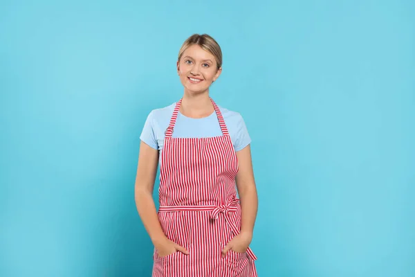 Beautiful Young Woman Clean Striped Apron Light Blue Background — Photo