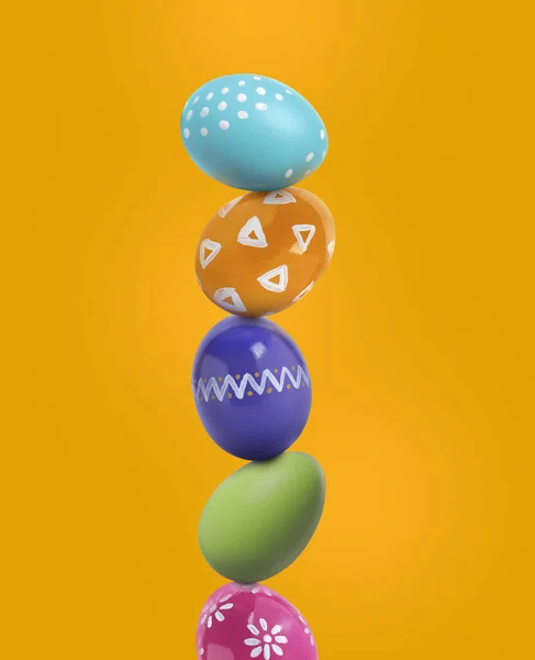 Stack Bright Easter Eggs Goldenrod Background — Stock Photo, Image