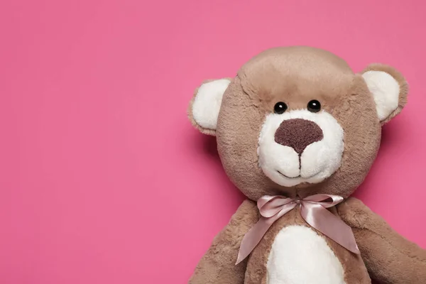Cute Teddy Bear Pink Background Top View Space Text — Stock Photo, Image