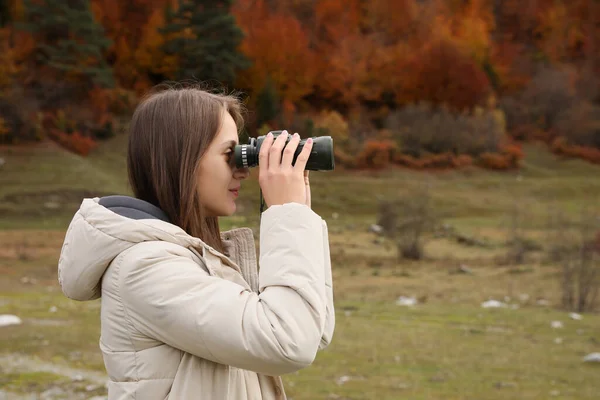 Woman Looking Binoculars Beautiful Mountains Space Text — ストック写真