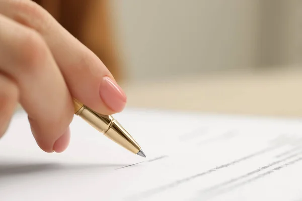 Woman Signing Document Closeup View Space Text — Stockfoto