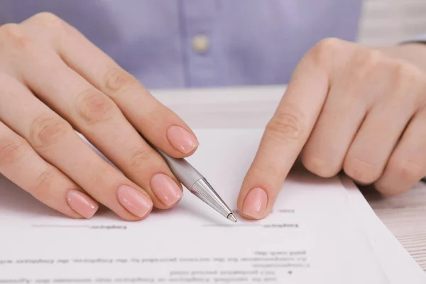 Woman Signing Document Table Closeup View —  Fotos de Stock