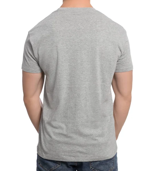 Man Wearing Grey Shirt White Background Back View Mockup Design — ストック写真