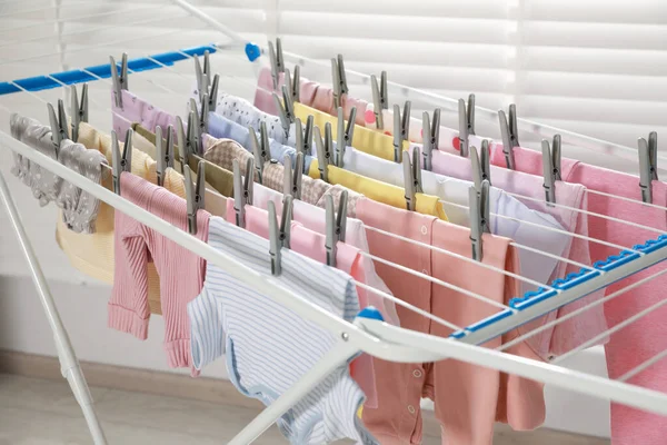Clean Laundry Hanging Drying Rack Indoors — Stock Photo, Image