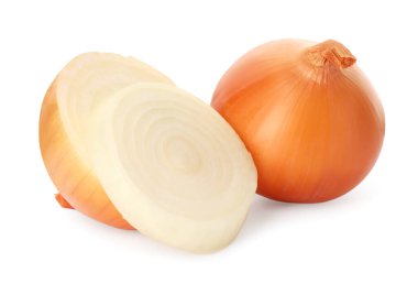 Whole and cut onions on white background clipart