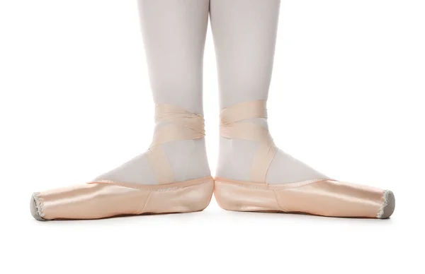 stock image Ballerina in pointe shoes on white background, closeup