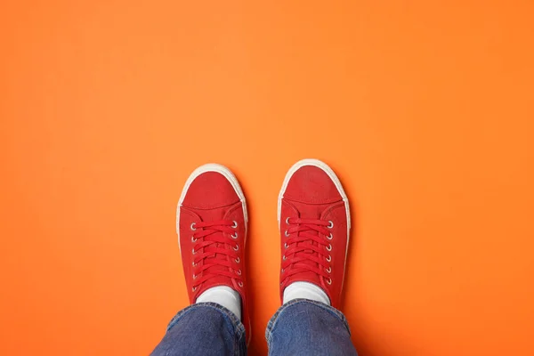 Woman Stylish Sneakers Orange Background Top View Space Text — Stock Photo, Image