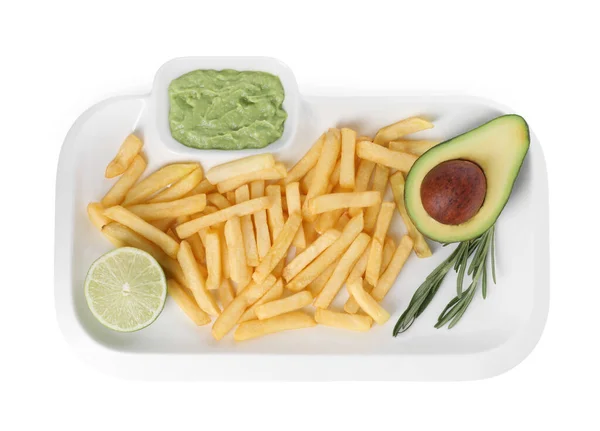 Tray Delicious French Fries Avocado Dip Lime Rosemary Isolated White — Stockfoto