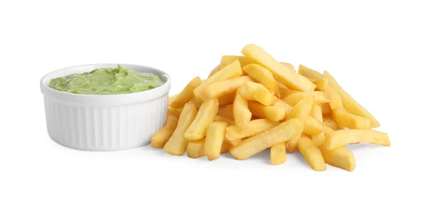 Pile French Fries Dish Avocado Dip White Background — Stockfoto