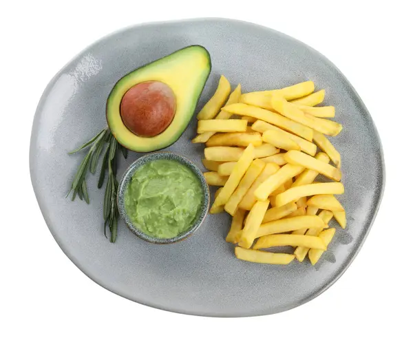 Plate Delicious French Fries Avocado Dip Isolated White Top View — Foto Stock