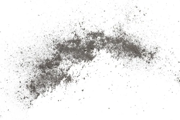 Pile of black dust scattered on white background, top view