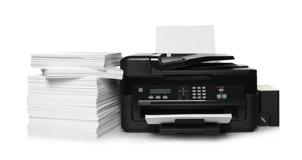 Imprimante Moderne Pile Papier Sur Fond Blanc — Photo