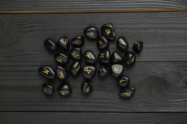 Pile Rune Stones Black Wooden Table Flat Lay — Stock Photo, Image