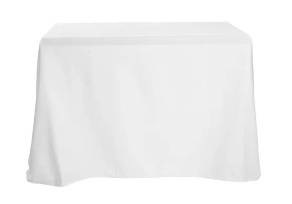 Table Avec Nappe Blanche Isolée Sur Blanc — Photo