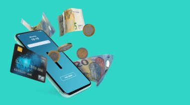 Çevrimiçi ödeme. Cep telefonundaki boşluklar, avro banknotları ve turkuaz arka plandaki kredi kartı, metin için boşluk