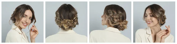ライトグレーの背景に美しいヘアスタイルを持つ女性 コラージュデザイン — ストック写真