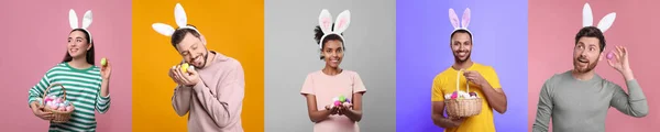 イースターエッグとウサギの耳のヘッドバンドを持つ人々の写真異なる色の背景 コラージュデザイン — ストック写真