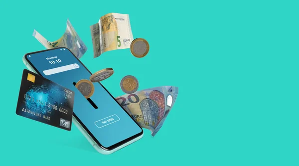 stock image Online payment. Coins falling into slot in mobile phone, euro banknotes and credit card on turquoise background, space for text