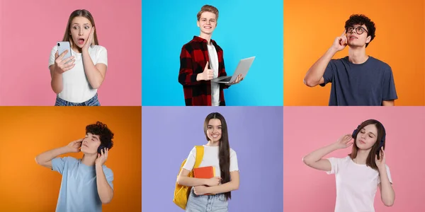 Bilder Tonåringar Med Olika Färg Bakgrunder Collage — Stockfoto