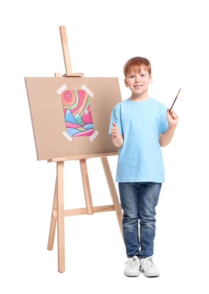 Little Boy Brush Easel Canvas Showing Thumbs White Background Creative — Stock Photo, Image