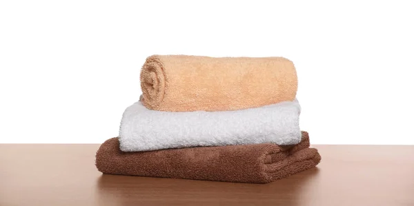 Soft Colorful Terry Towels Wooden Table White Background — Fotografia de Stock