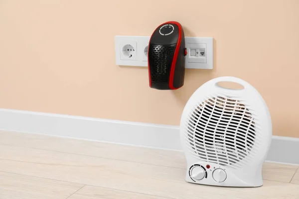 Modern Electric Compact Fan Heaters Indoors Space Text — Fotografia de Stock