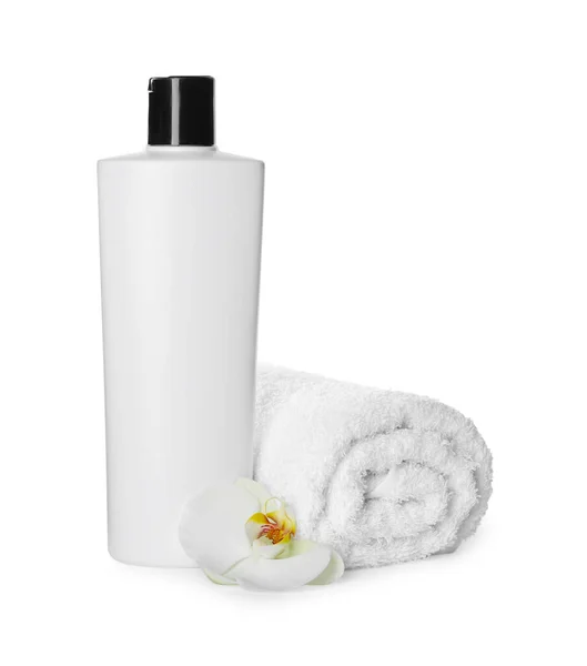Garrafa Shampoo Toalha Terry Fundo Branco — Fotografia de Stock