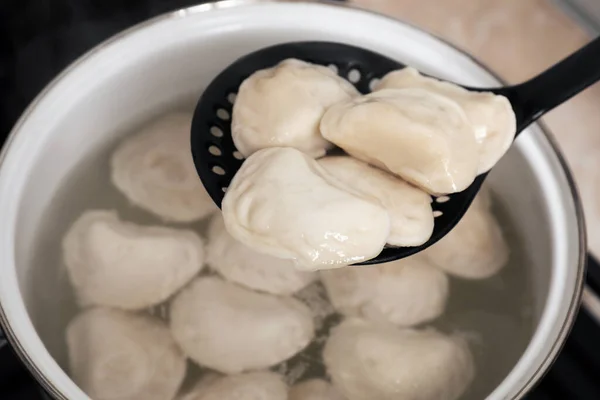 Dumplings Varenyky Tasty Filling Skimmer Pot Closeup — Stockfoto