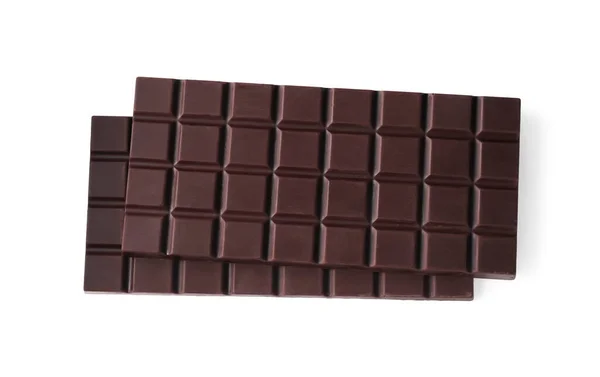 Delicious Dark Chocolate Bars Isolated White Top View — Stockfoto