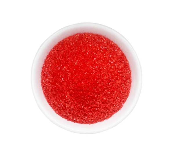 白で隔離された赤い食べ物の着色料を持つボウル トップビュー — ストック写真