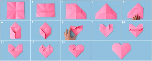 Origami art. Making pink paper heart step by step, photo collage on light blue background