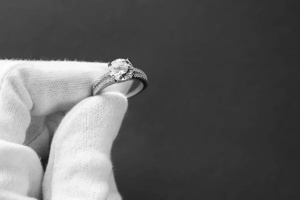 Jeweler Holding Diamond Ring Dark Grey Background Closeup Space Text — Stock Photo, Image